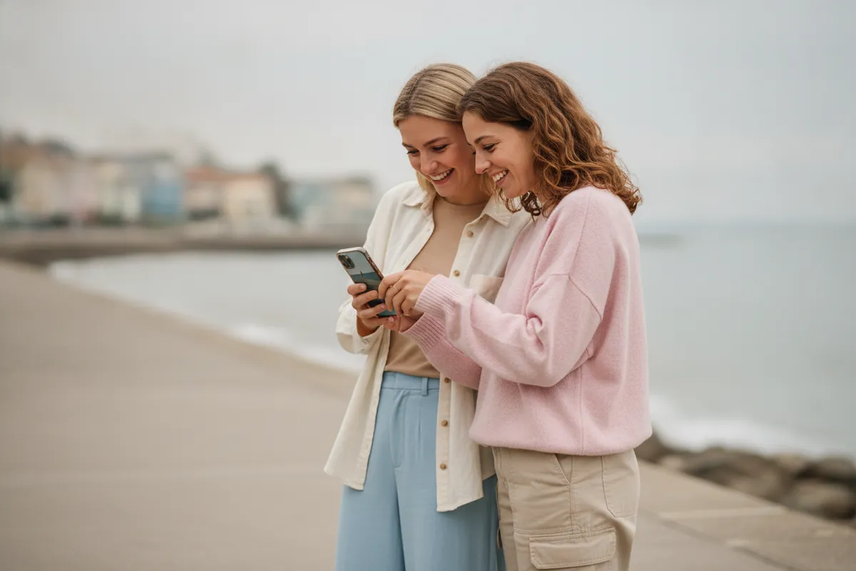 Two travellers checking a photo together on a phone by the sea