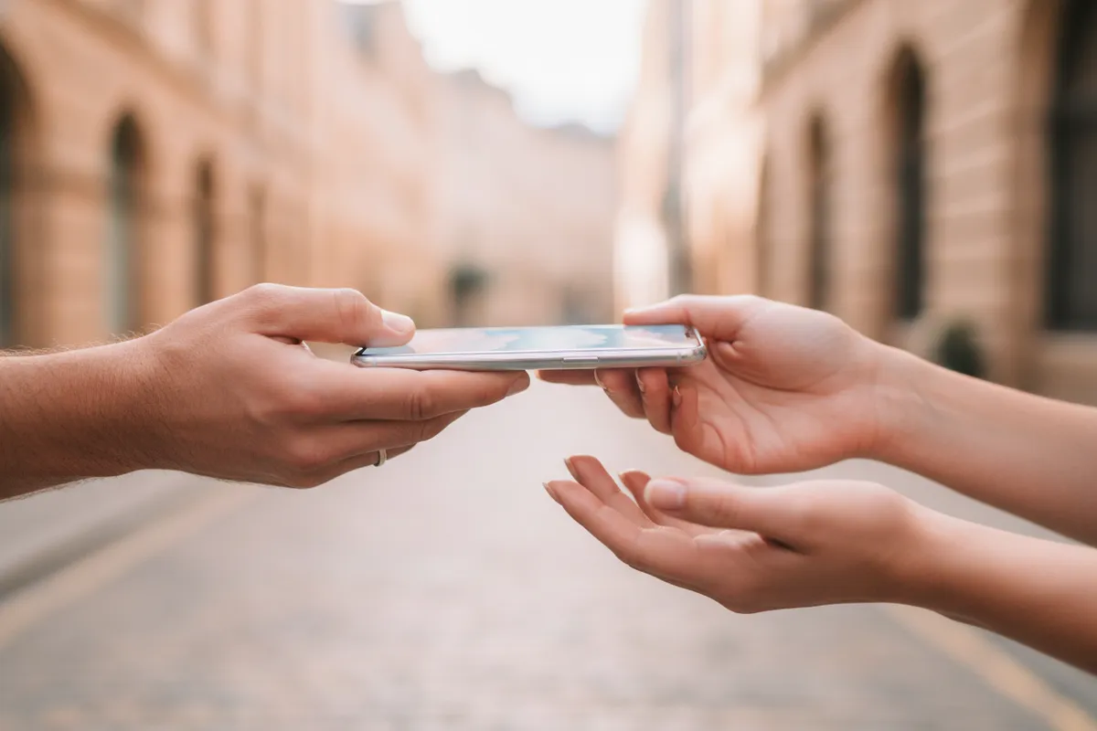Hands passing a smartphone to a stranger on a sunny street