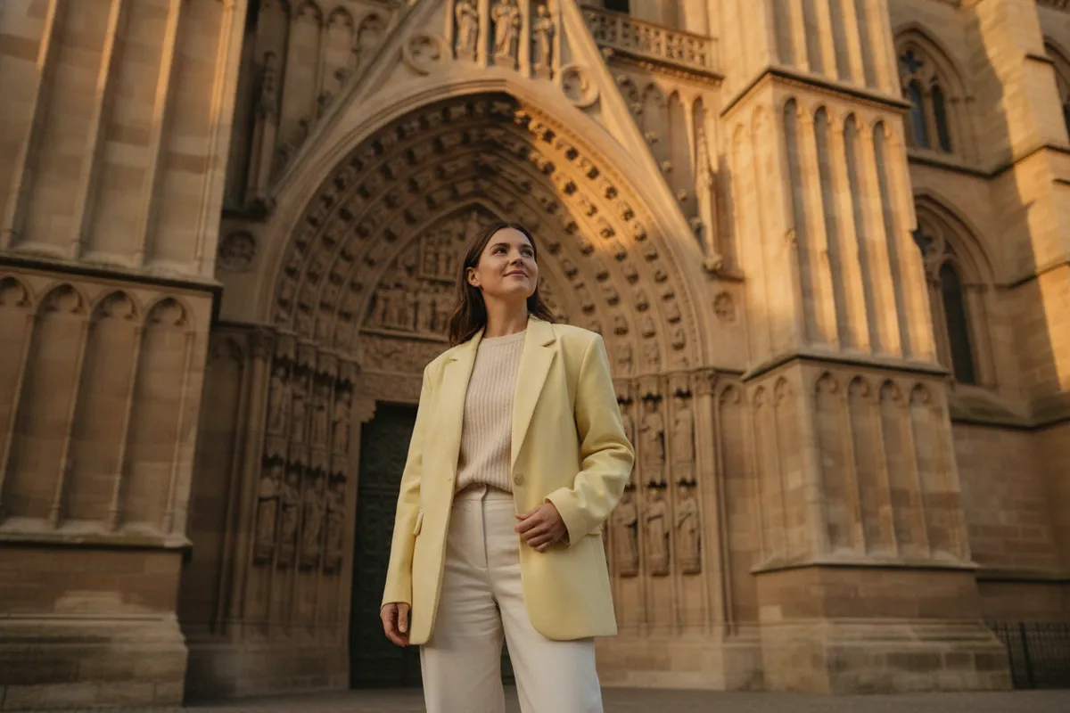 Woman in a yellow jacket in front of a tall cathedral doorway, shot from a low angle