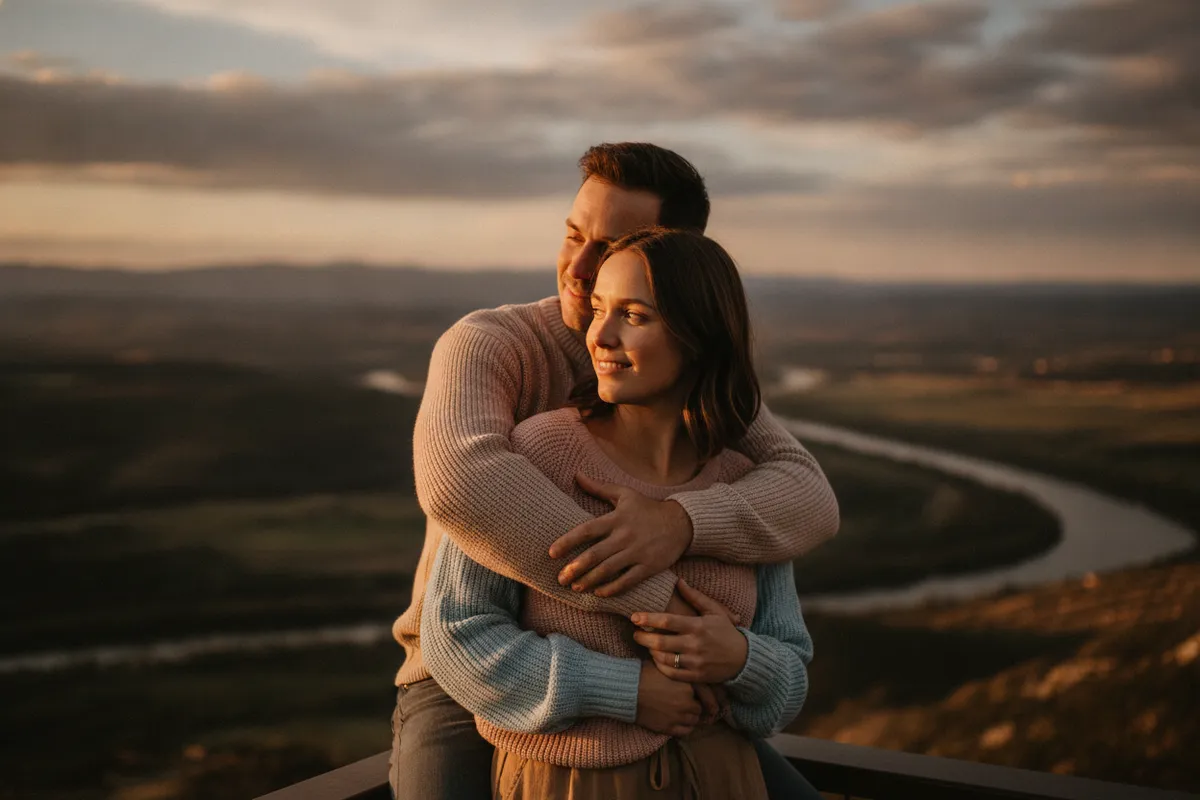 One partner hugging the other from behind at a viewpoint
