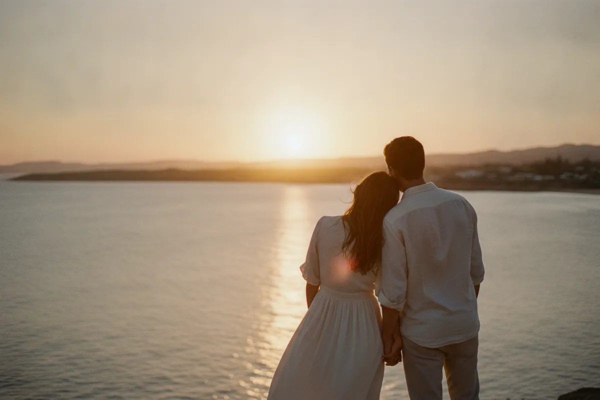 Couple leaning shoulders together watching a sunset