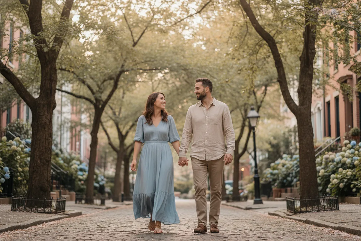 Couple holding hands walking and laughing on a tree-lined street