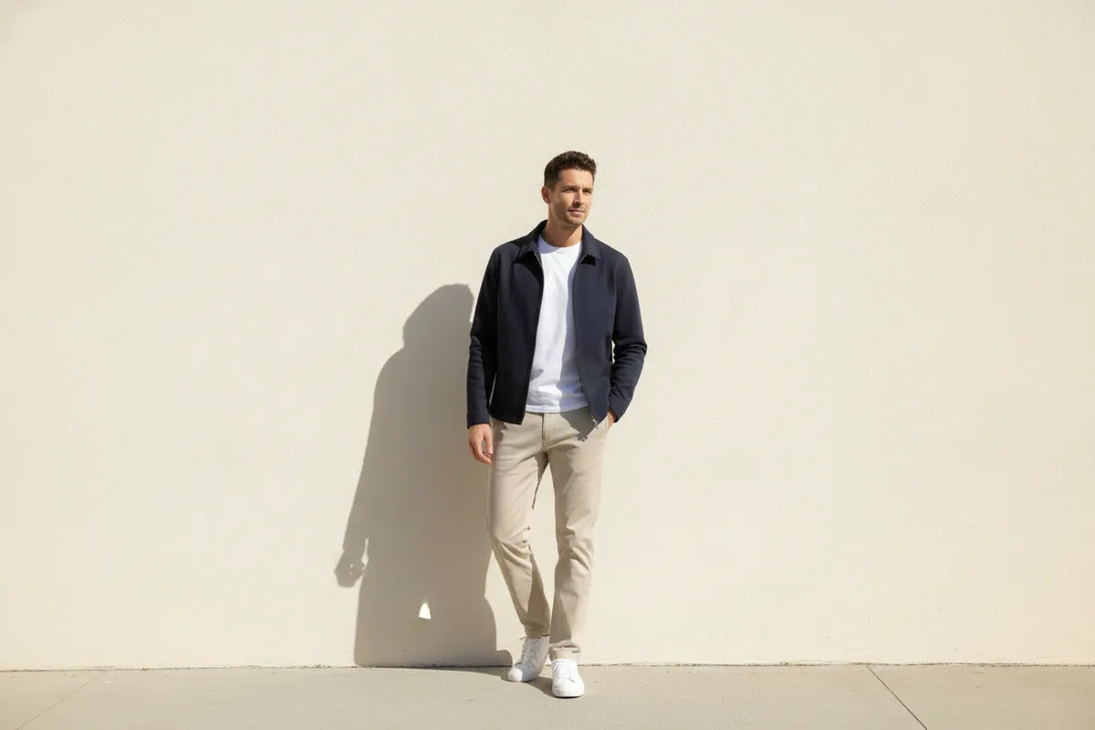 A person standing near a pale wall at the edge of shade, soft even light on the face
