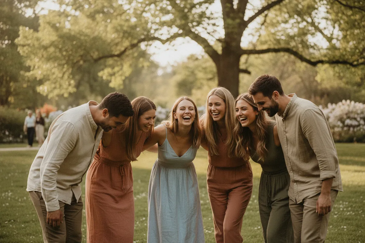 A group of friends laughing while turning toward each other, relaxed and close