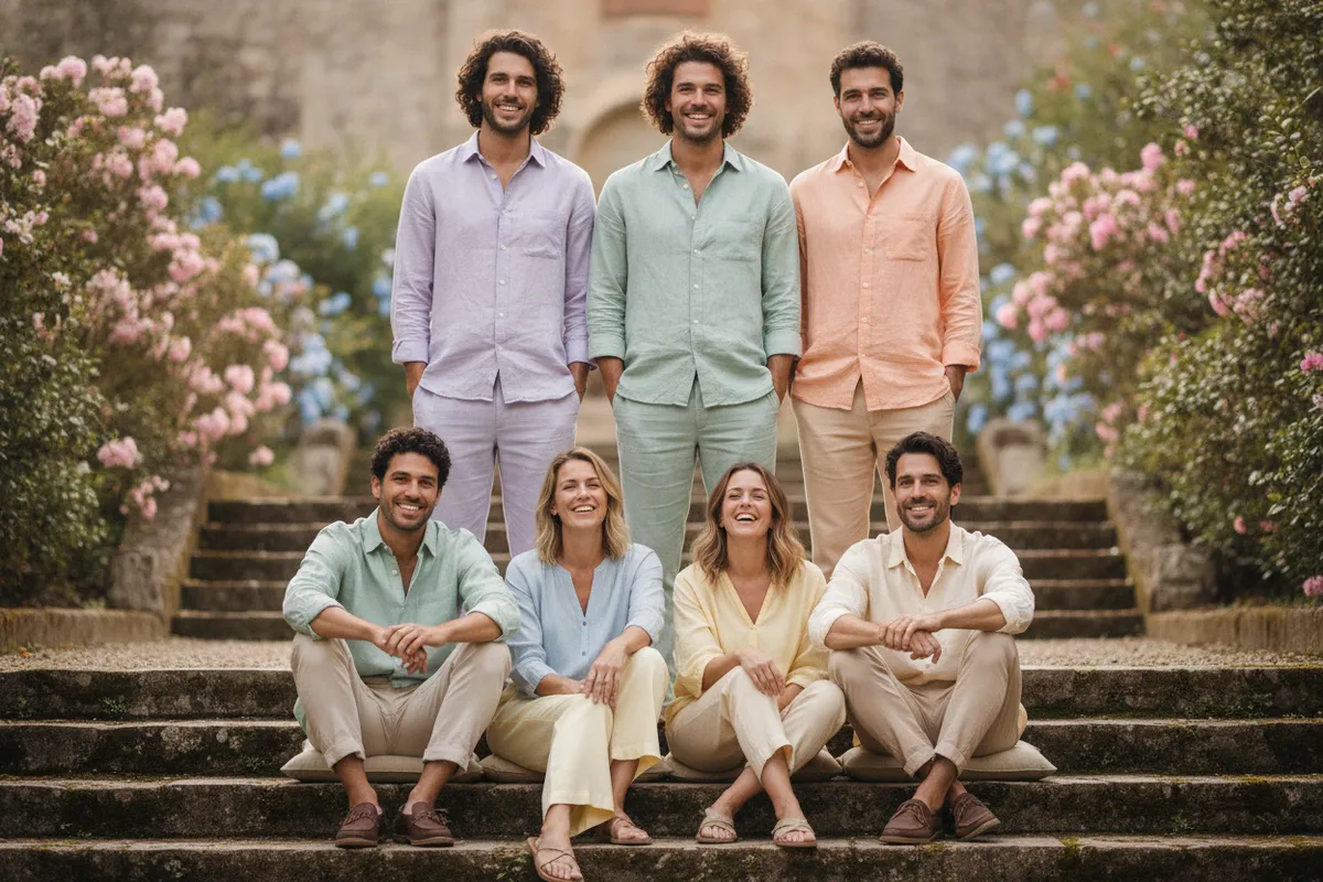 Six friends in staggered rows on steps, every face visible