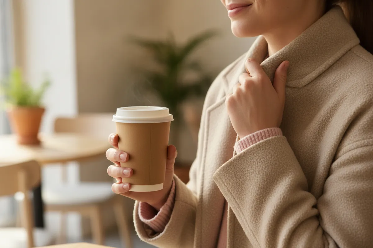 Person holding a coffee cup with the other hand on a jacket collar