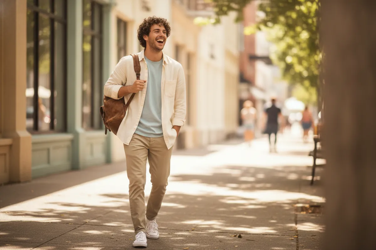 Young man laughing and looking away from the camera while walking