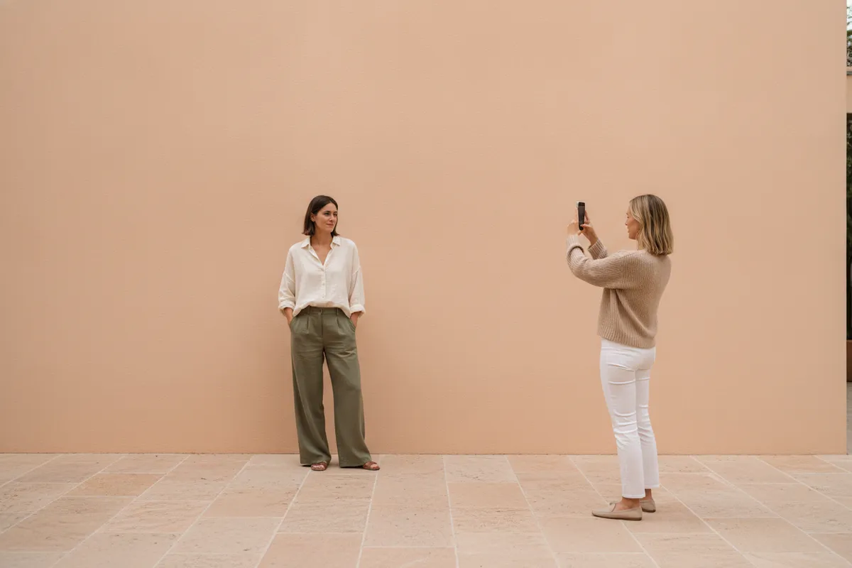 Person photographing a friend standing a few steps in front of a wall
