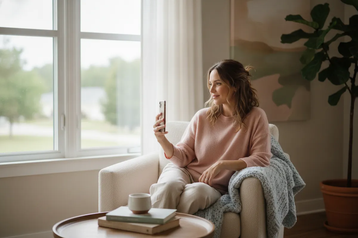 Woman sitting by a bright window in soft even light