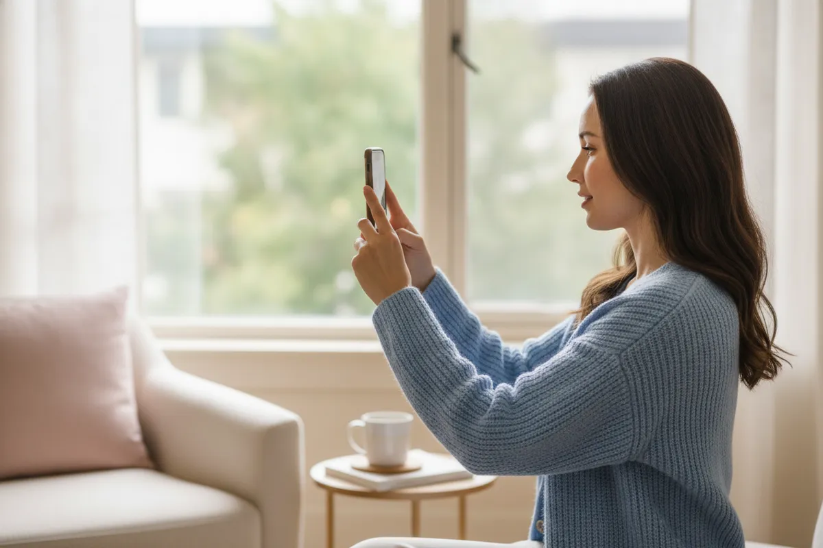 A woman holding a phone at eye level, body turned slightly, in soft daylight