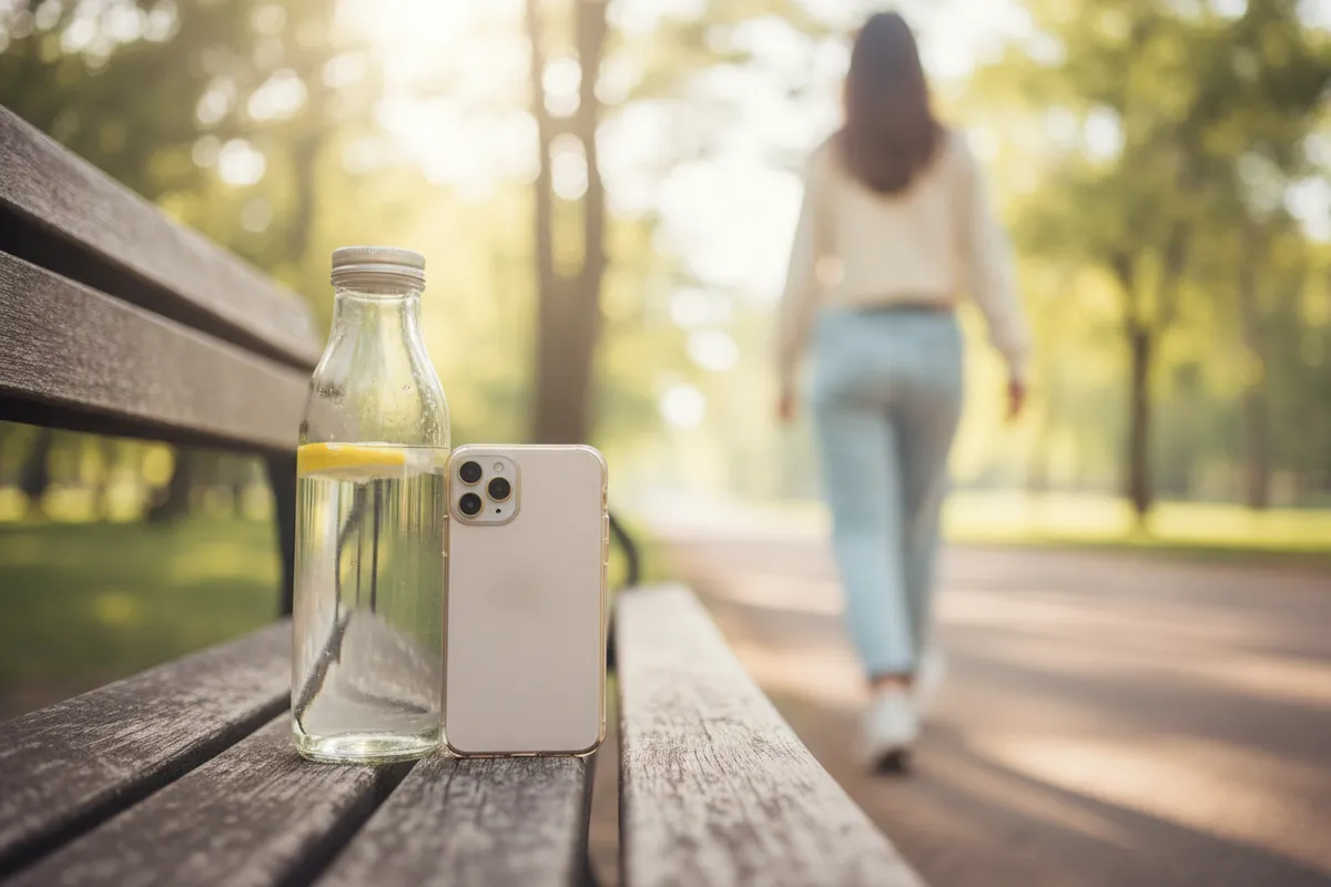 A phone propped against a water bottle on a bench, timer ready, with a traveller stepping back